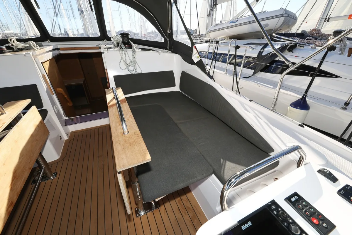 Deck of Scarlett, a Elan Impression 45 sailboat at Grad Biograd na Moru, Croatia