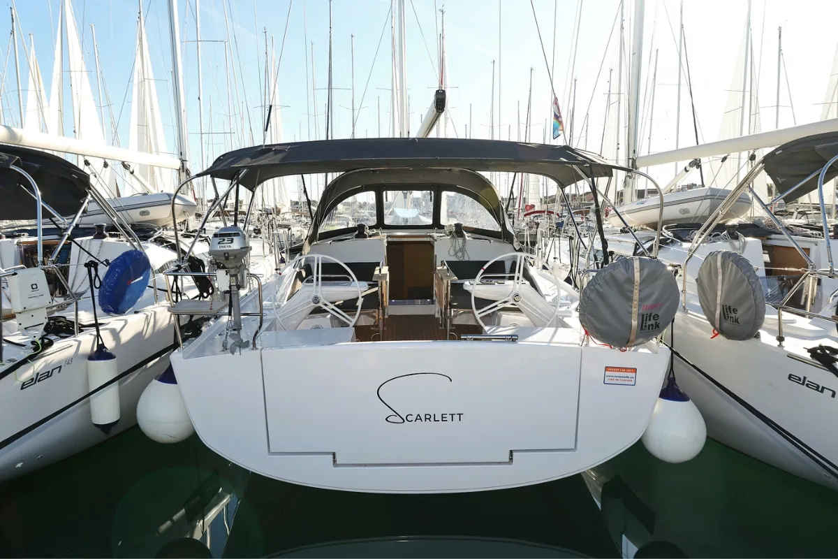 Exterior view of Scarlett, a Elan Impression 45 sailboat at Grad Biograd na Moru, Croatia
