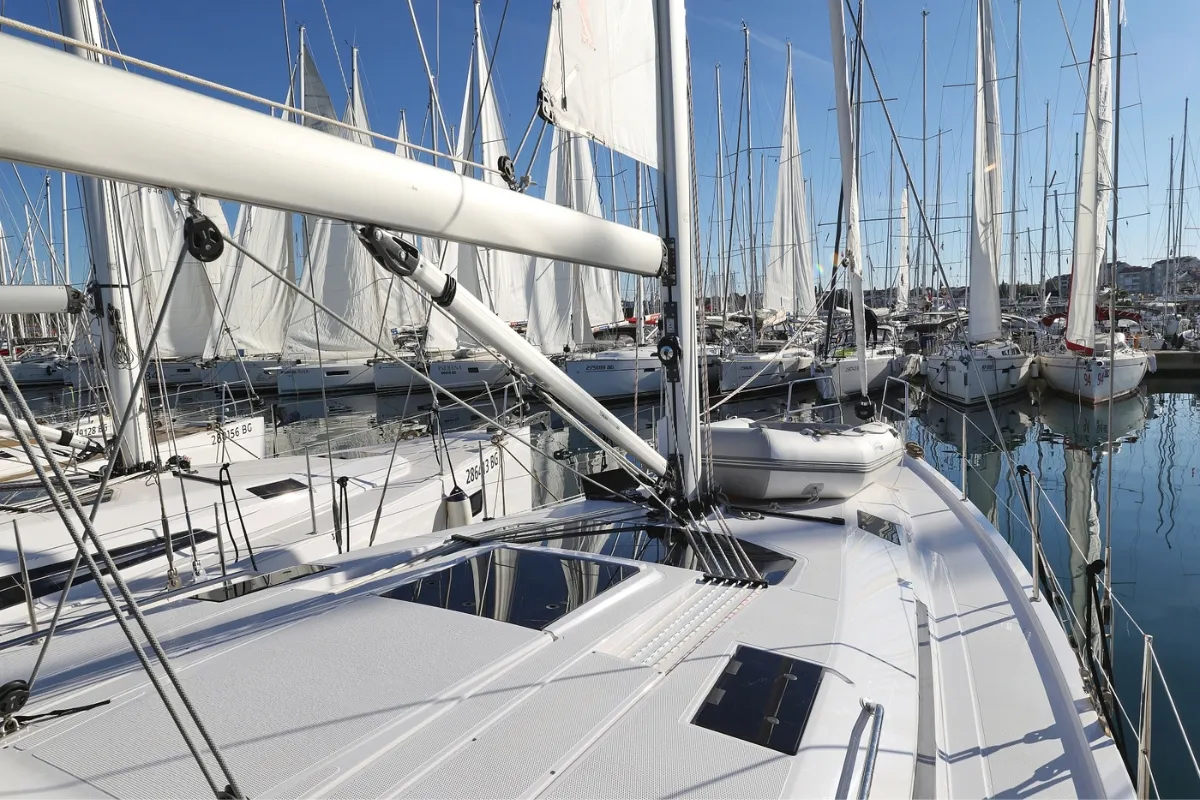 Deck of Scarlett, a Elan Impression 45 sailboat at Grad Biograd na Moru, Croatia