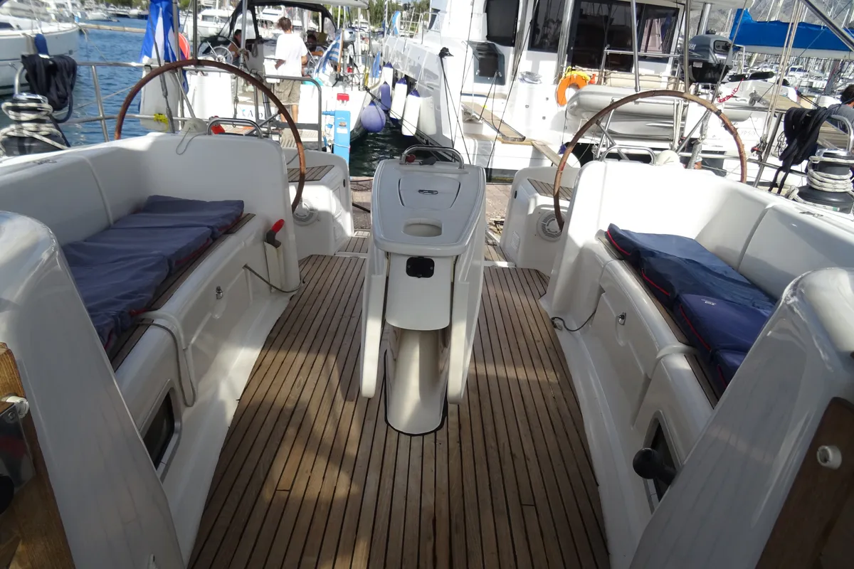 Cockpit of Galaxy, a Beneteau Cyclades 50.5 sailboat at Athens, Greece