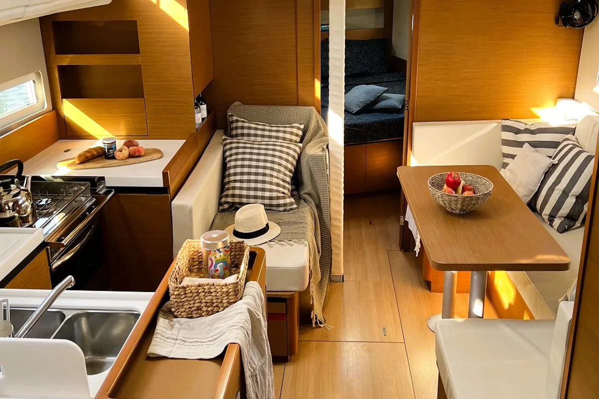 Salon of Little Tony, a Jeanneau Sun Odyssey 410 sailboat at Athens, Greece