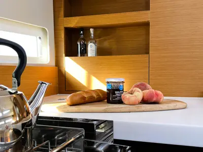Galley of Little Tony, a Jeanneau Sun Odyssey 410 sailboat at Athens, Greece
