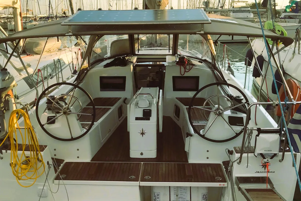Cockpit of Little Tony, a Jeanneau Sun Odyssey 410 sailboat at Athens, Greece