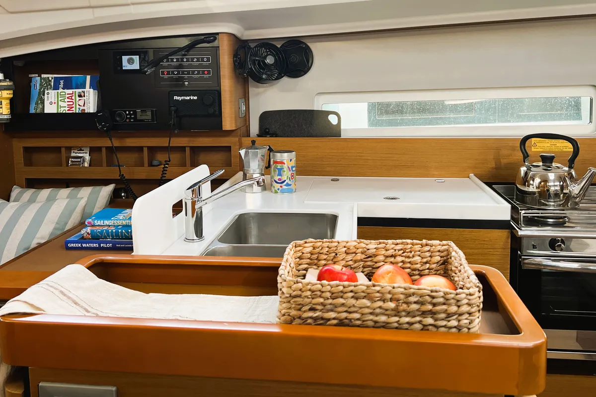 Galley of Little Tony, a Jeanneau Sun Odyssey 410 sailboat at Athens, Greece