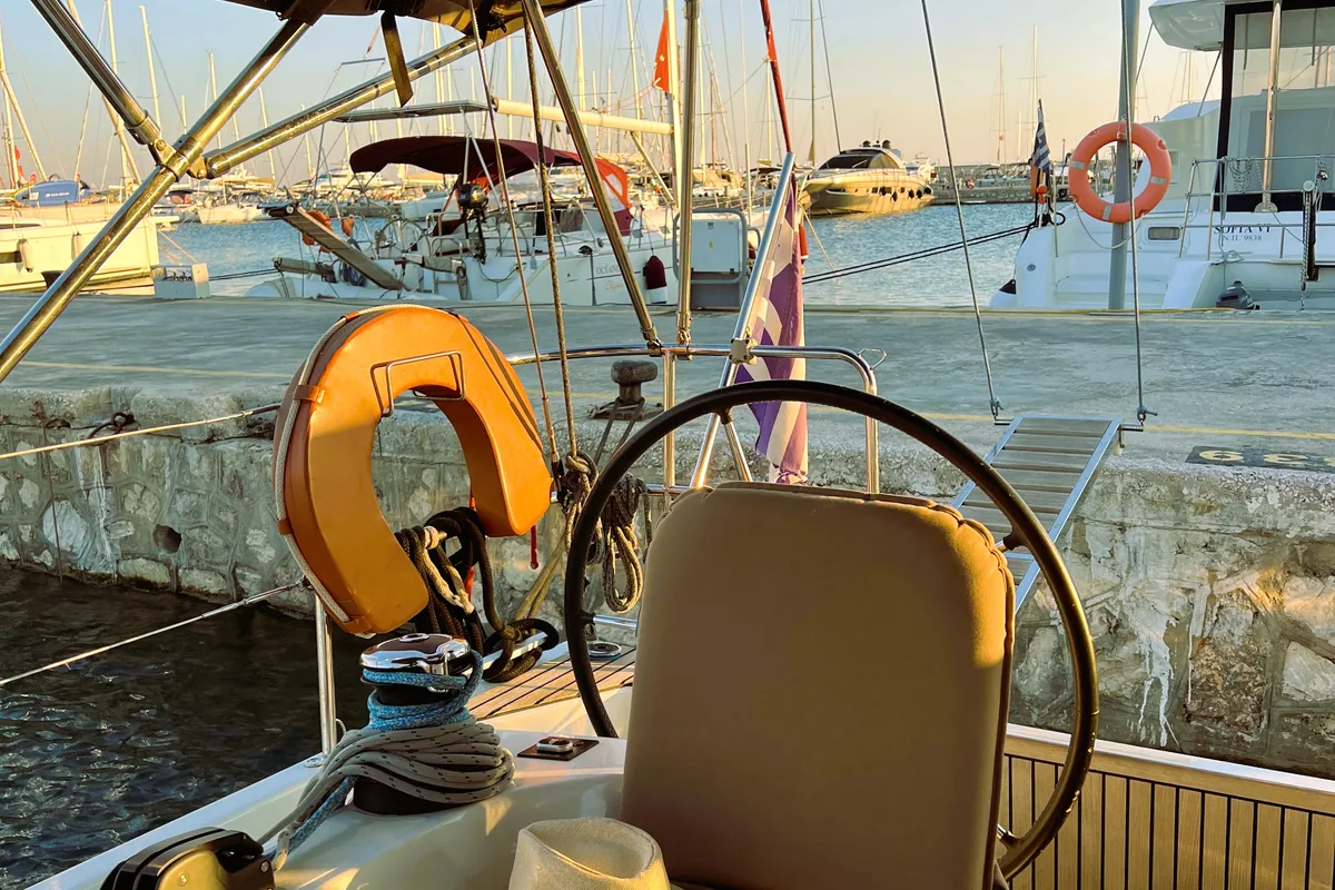 Cockpit of Little Tony, a Jeanneau Sun Odyssey 410 sailboat at Athens, Greece