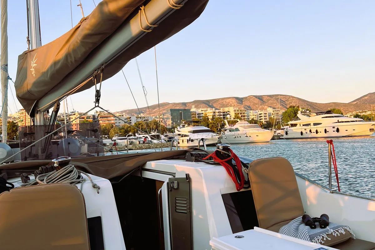 Deck of Little Tony, a Jeanneau Sun Odyssey 410 sailboat at Athens, Greece