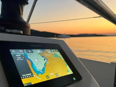 Cockpit of Little Tony, a Jeanneau Sun Odyssey 410 sailboat at Athens, Greece