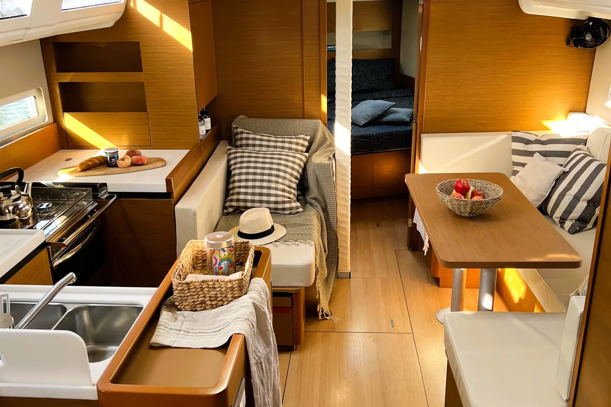 Salon of Little Tony, a Jeanneau Sun Odyssey 410 sailboat at Athens, Greece