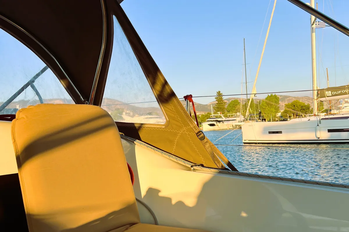 Deck of Little Tony, a Jeanneau Sun Odyssey 410 sailboat at Athens, Greece