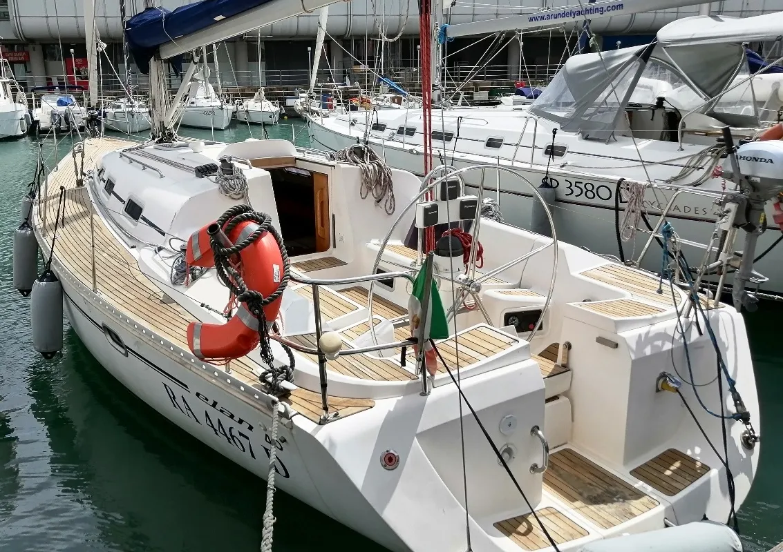 Exterior view of Peter Pan, a Elan 40 sailboat at Genoa, Italy