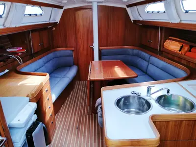 Galley of Peter Pan, a Elan 40 sailboat at Genoa, Italy