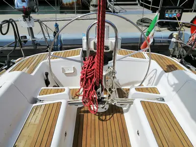Cockpit of Peter Pan, a Elan 40 sailboat at Genoa, Italy