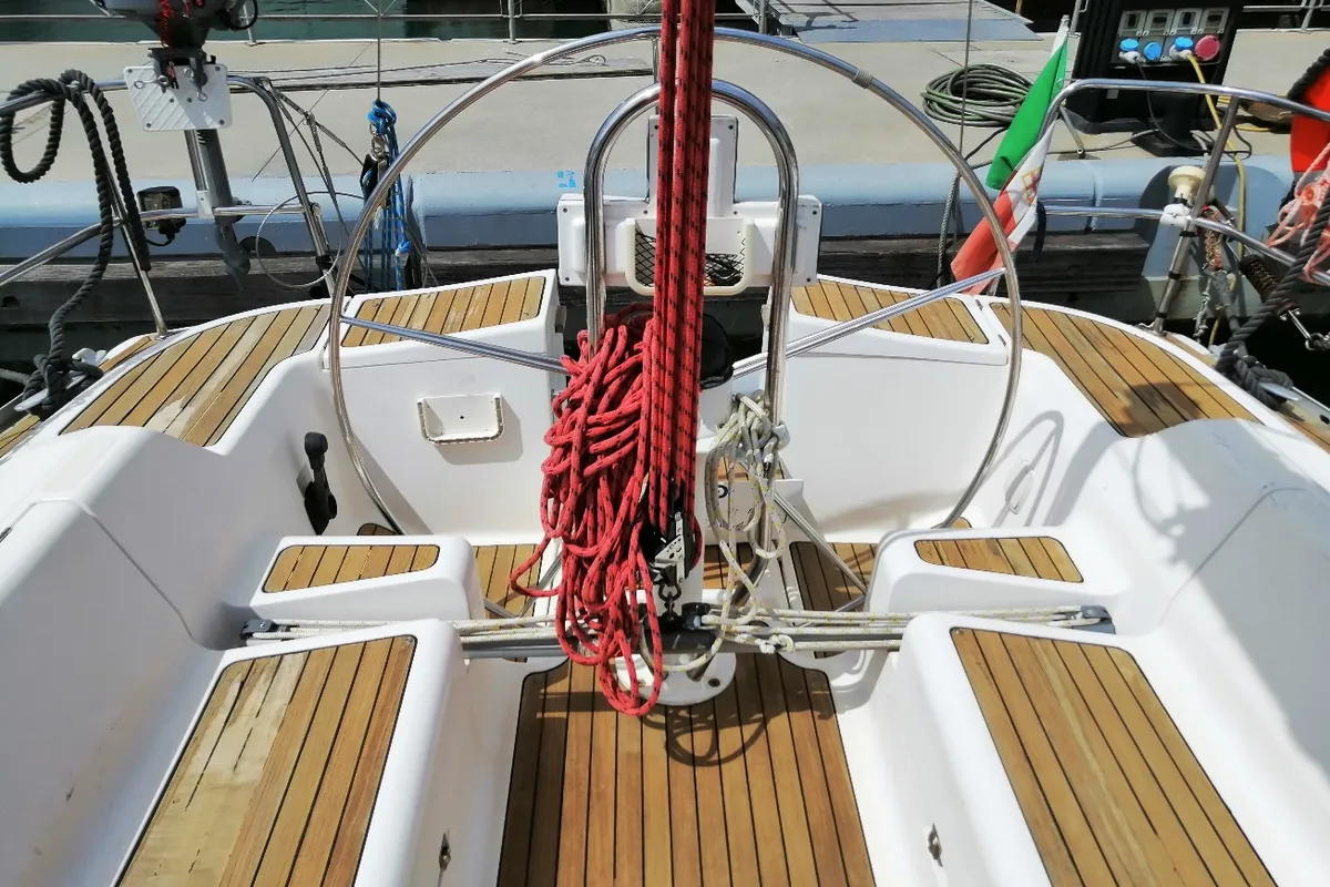 Cockpit of Peter Pan, a Elan 40 sailboat at Genoa, Italy