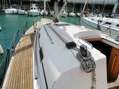 Deck of Peter Pan, a Elan 40 sailboat at Genoa, Italy