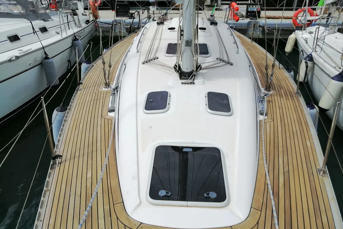 Deck of Peter Pan, a Elan 40 sailboat at Genoa, Italy