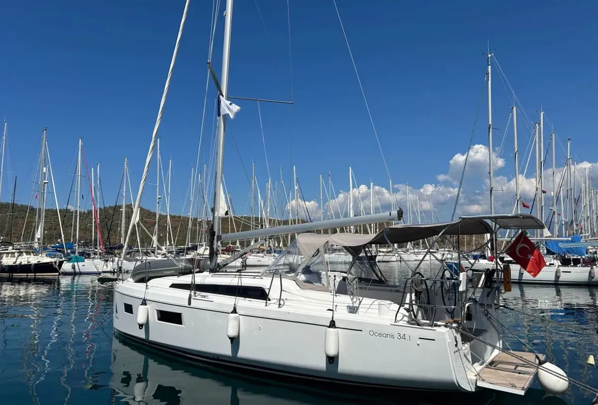 Exterior view of Sail Lynx, a Beneteau Oceanis 34.1 sailboat at Fethiye, Turkey