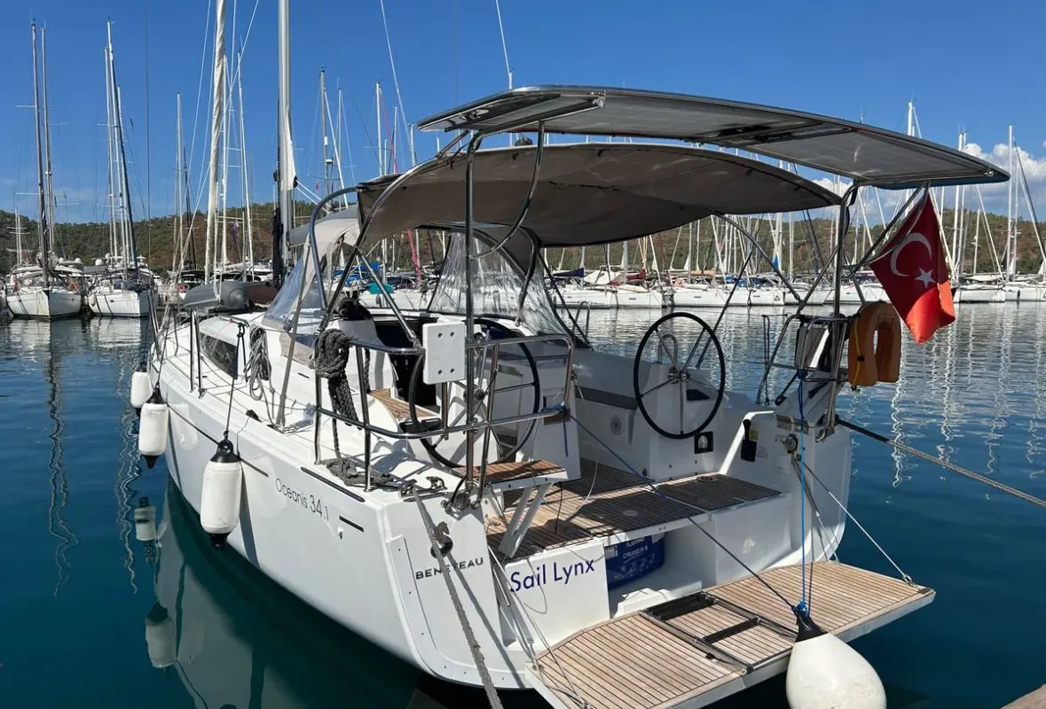 Exterior view of Sail Lynx, a Beneteau Oceanis 34.1 sailboat at Fethiye, Turkey