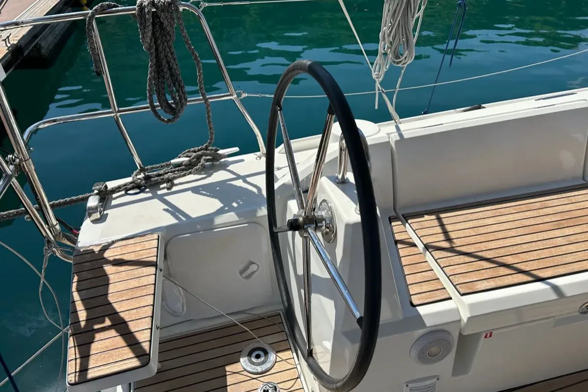 Cockpit of Sail Lynx, a Beneteau Oceanis 34.1 sailboat at Fethiye, Turkey