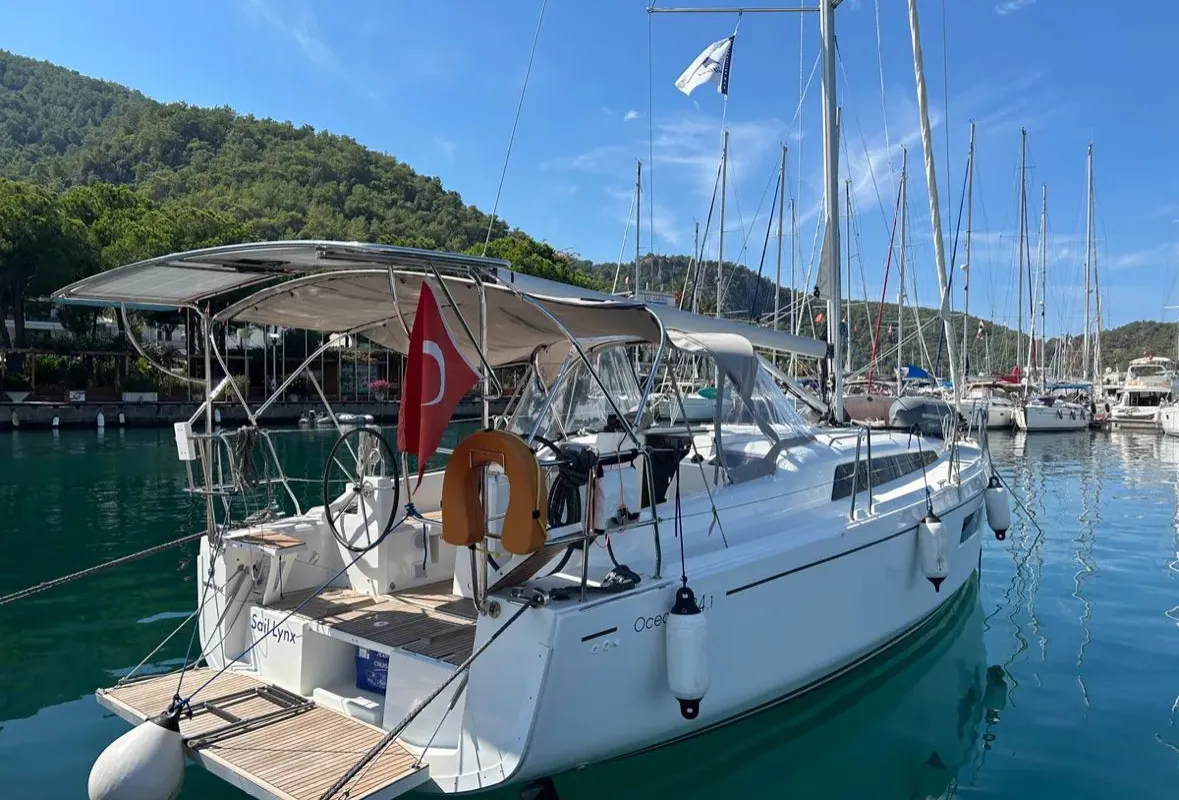 Exterior view of Sail Lynx, a Beneteau Oceanis 34.1 sailboat at Fethiye, Turkey