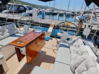 Deck of Gala, a Bavaria C42 sailboat at Punat, Croatia