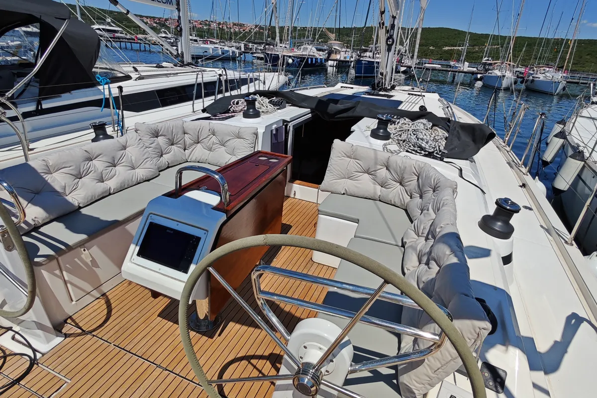 Cockpit of Gala, a Bavaria C42 sailboat at Punat, Croatia