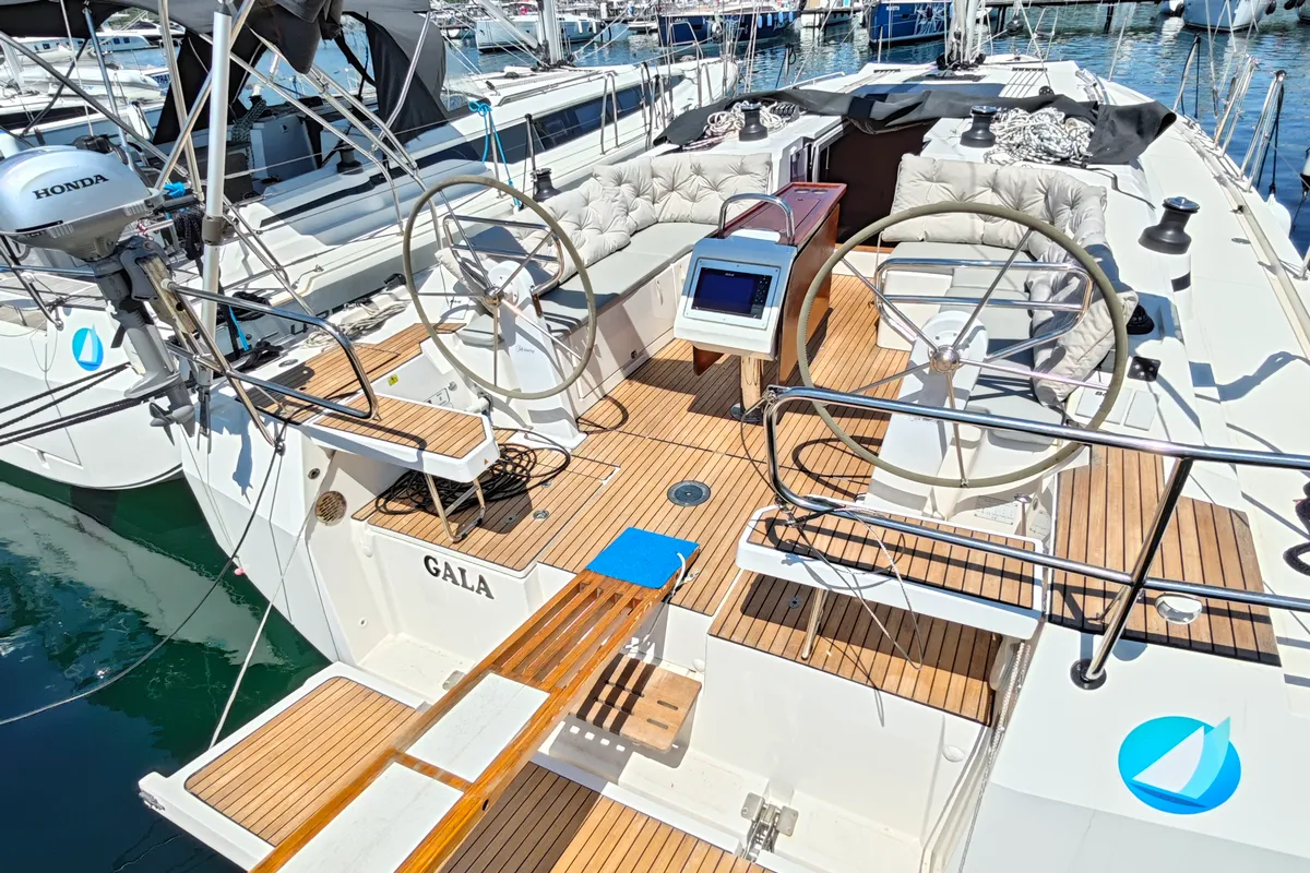 Deck of Gala, a Bavaria C42 sailboat at Punat, Croatia