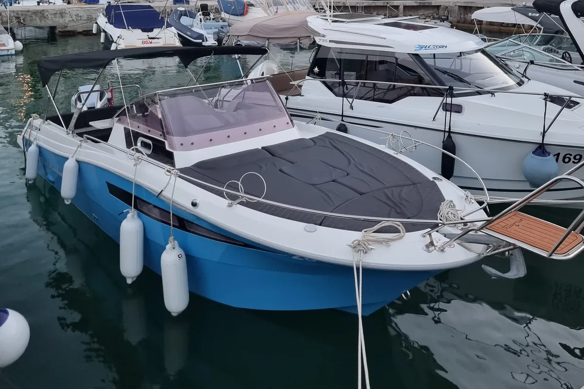 Exterior view of Lady Blue, a Atlantic Marine Sun Cruiser 730 motorboat at Grad Opatija, Croatia