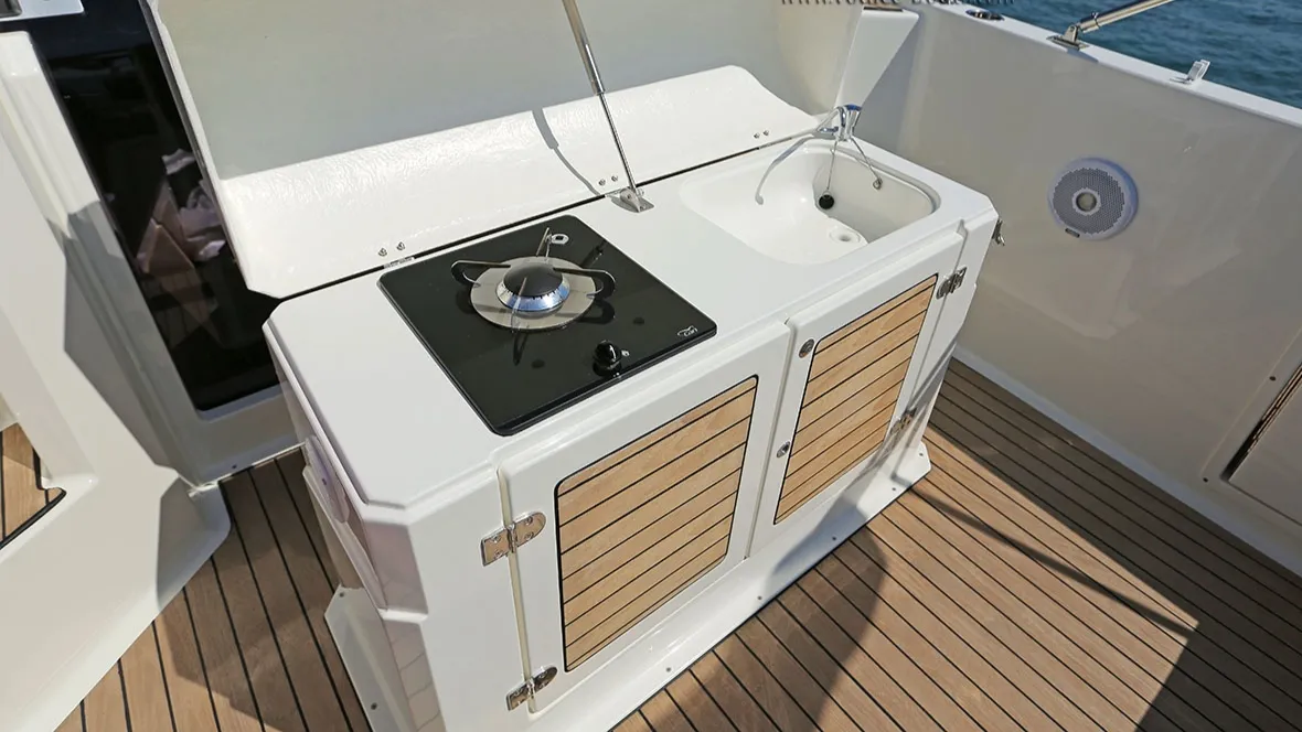 Galley of Lady Blue, a Atlantic Marine Sun Cruiser 730 motorboat at Grad Opatija, Croatia