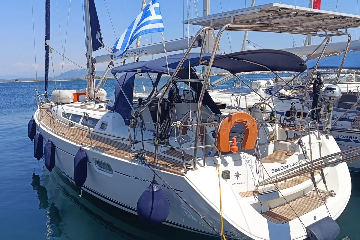 Exterior view of Sea Obsession, a Jeanneau Sun Odyssey 42i sailboat at Municipal Unit of Ellomenos, Greece