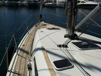 Deck of Sea Obsession, a Jeanneau Sun Odyssey 42i sailboat at Municipal Unit of Ellomenos, Greece
