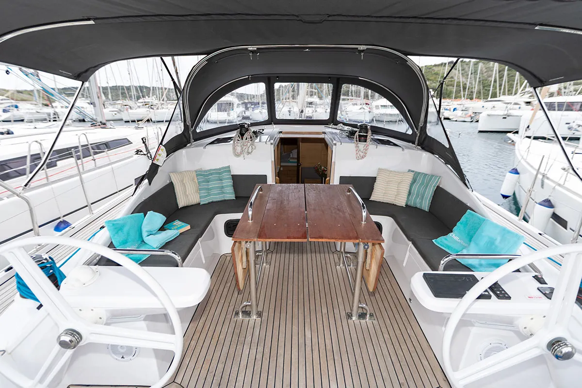 Cockpit of Ollie, a Elan Impression 45 sailboat at Primošten, Croatia