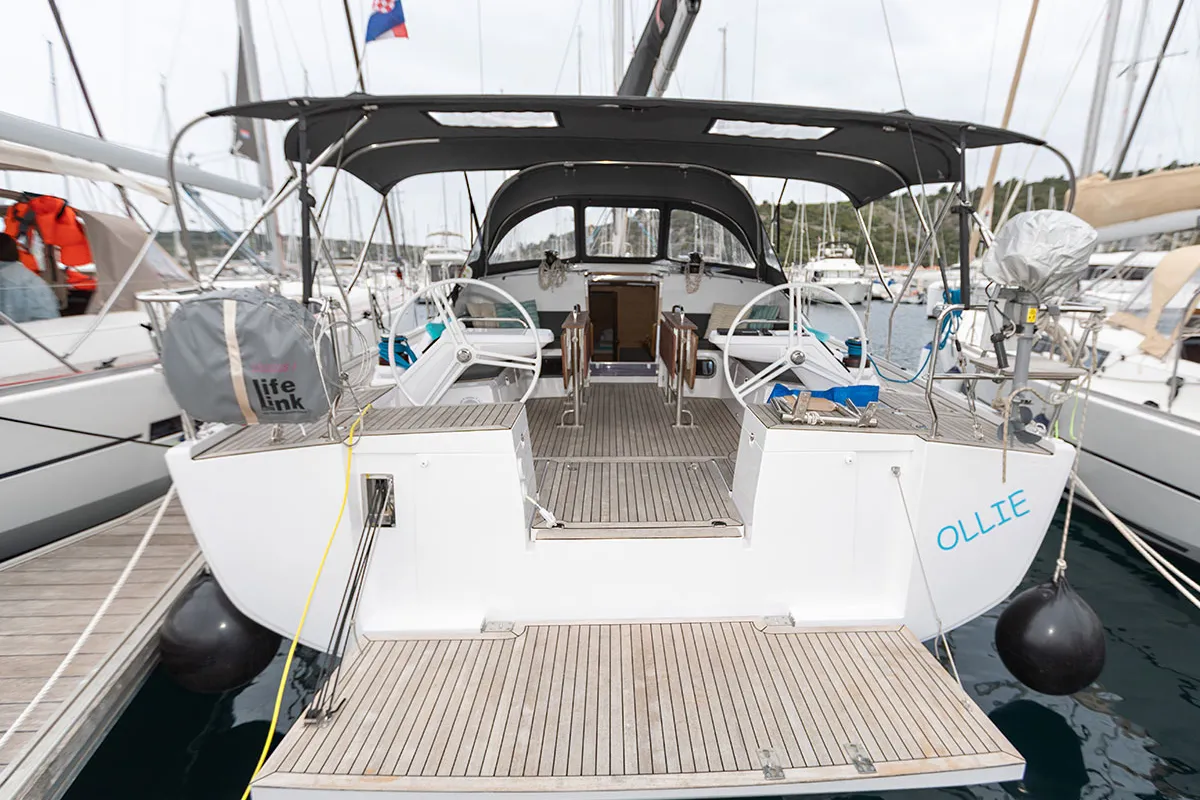 Exterior view of Ollie, a Elan Impression 45 sailboat at Primošten, Croatia