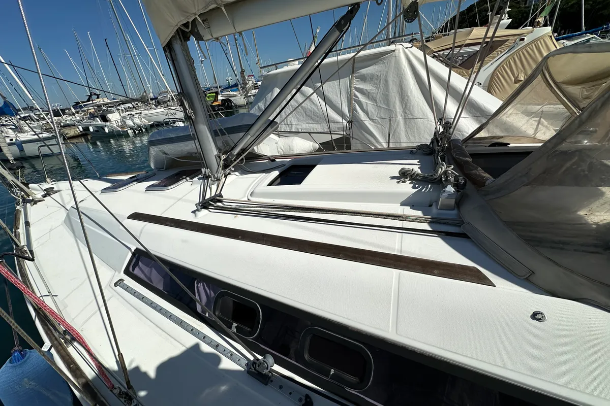 Deck of BLU, a Beneteau Oceanis 34 sailboat at Punta Ala, Italy