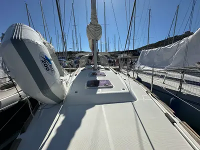 Deck of BLU, a Beneteau Oceanis 34 sailboat at Punta Ala, Italy