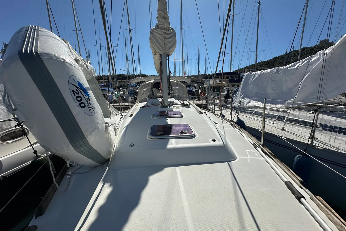 Deck of BLU, a Beneteau Oceanis 34 sailboat at Punta Ala, Italy