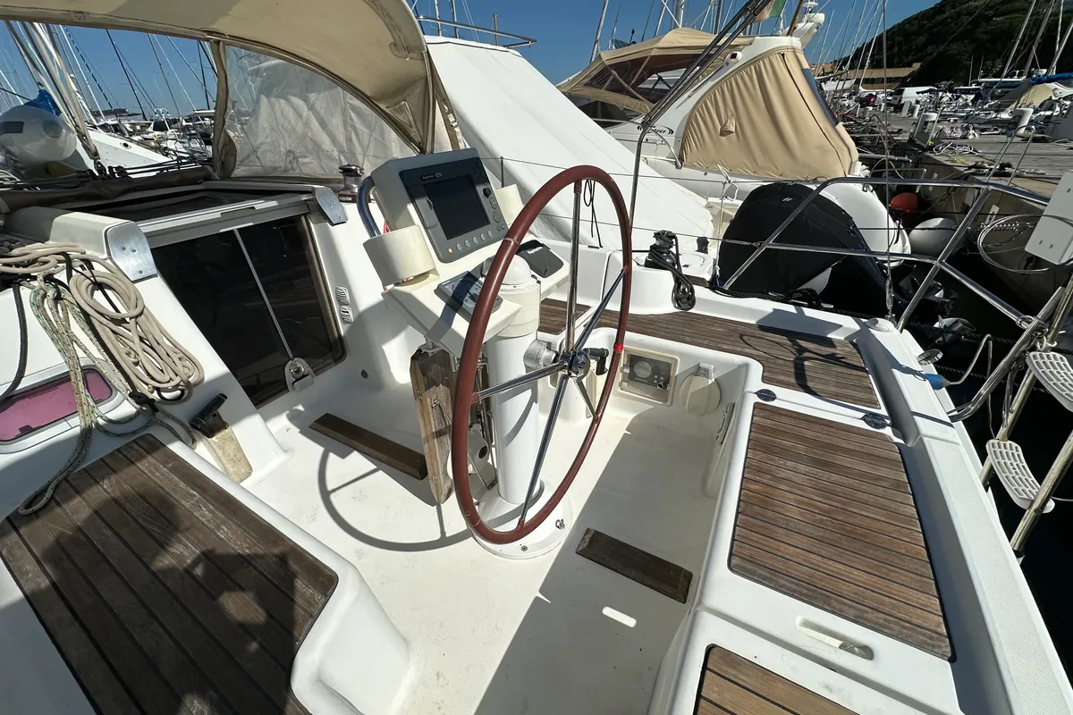 Cockpit of BLU, a Beneteau Oceanis 34 sailboat at Punta Ala, Italy