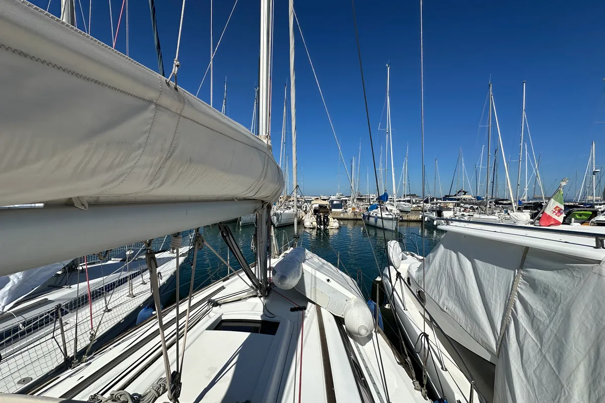 Deck of BLU, a Beneteau Oceanis 34 sailboat at Punta Ala, Italy