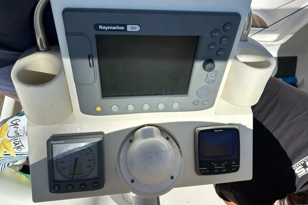 Cockpit of BLU, a Beneteau Oceanis 34 sailboat at Punta Ala, Italy