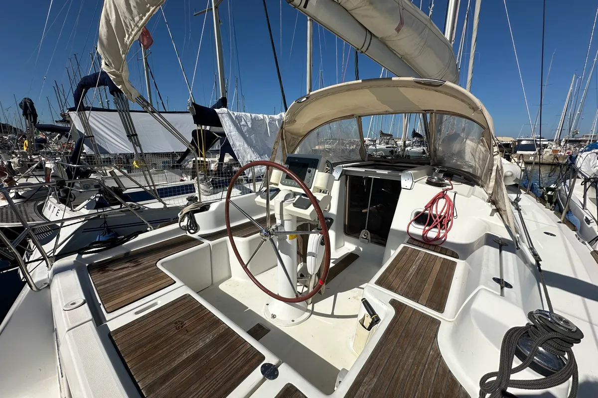 Cockpit of BLU, a Beneteau Oceanis 34 sailboat at Punta Ala, Italy
