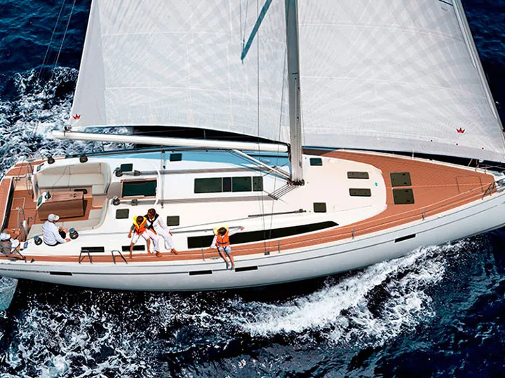 Exterior view of AF-B51C, a Bavaria Cruiser 51 sailboat at Municipal Unit of Lefkada, Greece