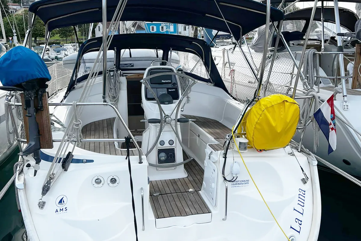 Exterior view of La Luna, a Bavaria 30 Cruiser sailboat at Vrsar, Croatia