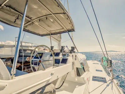 Cockpit of Dione II, a Fountaine Pajot Aura 51 catamaran at Municipal Unit of Lefkada, Greece