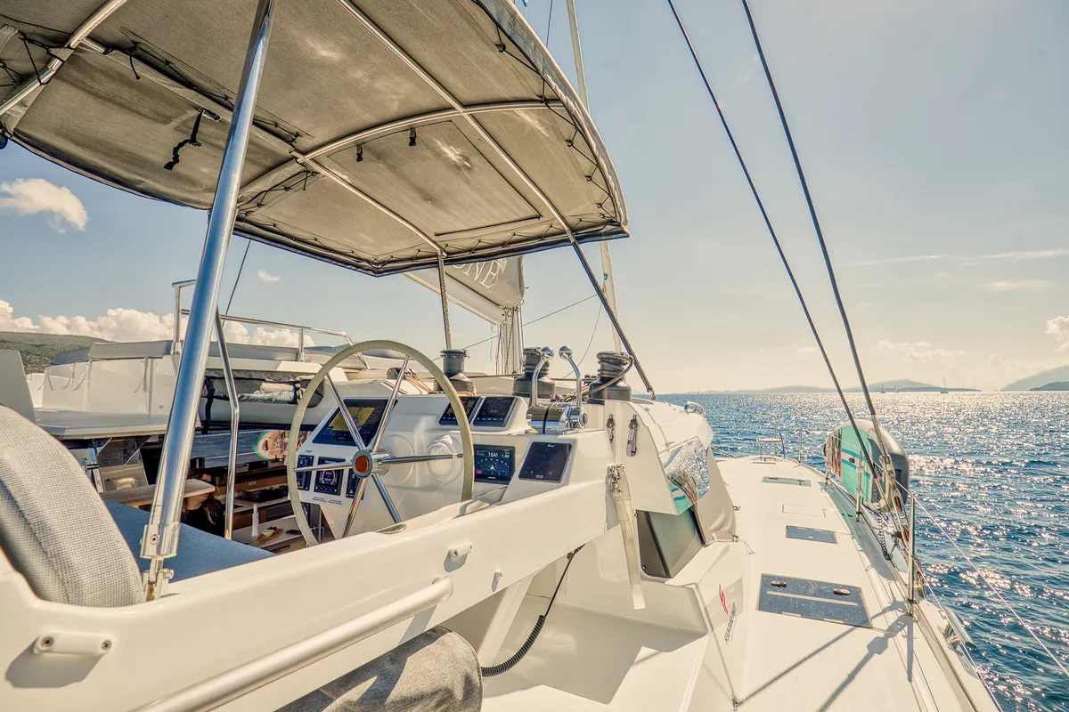 Cockpit of Dione II, a Fountaine Pajot Aura 51 catamaran at Municipal Unit of Lefkada, Greece