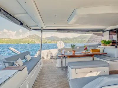 Deck of Dione II, a Fountaine Pajot Aura 51 catamaran at Municipal Unit of Lefkada, Greece