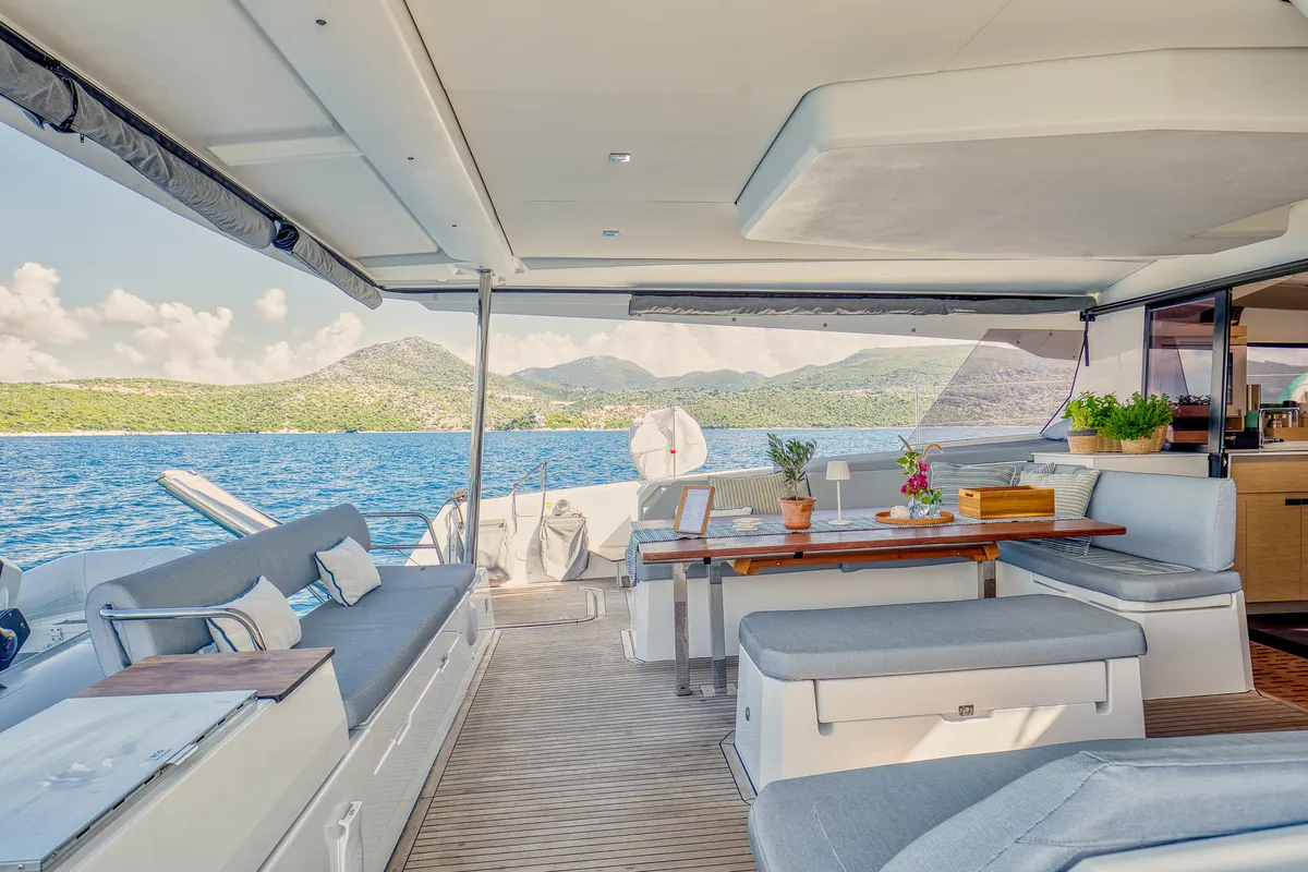 Deck of Dione II, a Fountaine Pajot Aura 51 catamaran at Municipal Unit of Lefkada, Greece