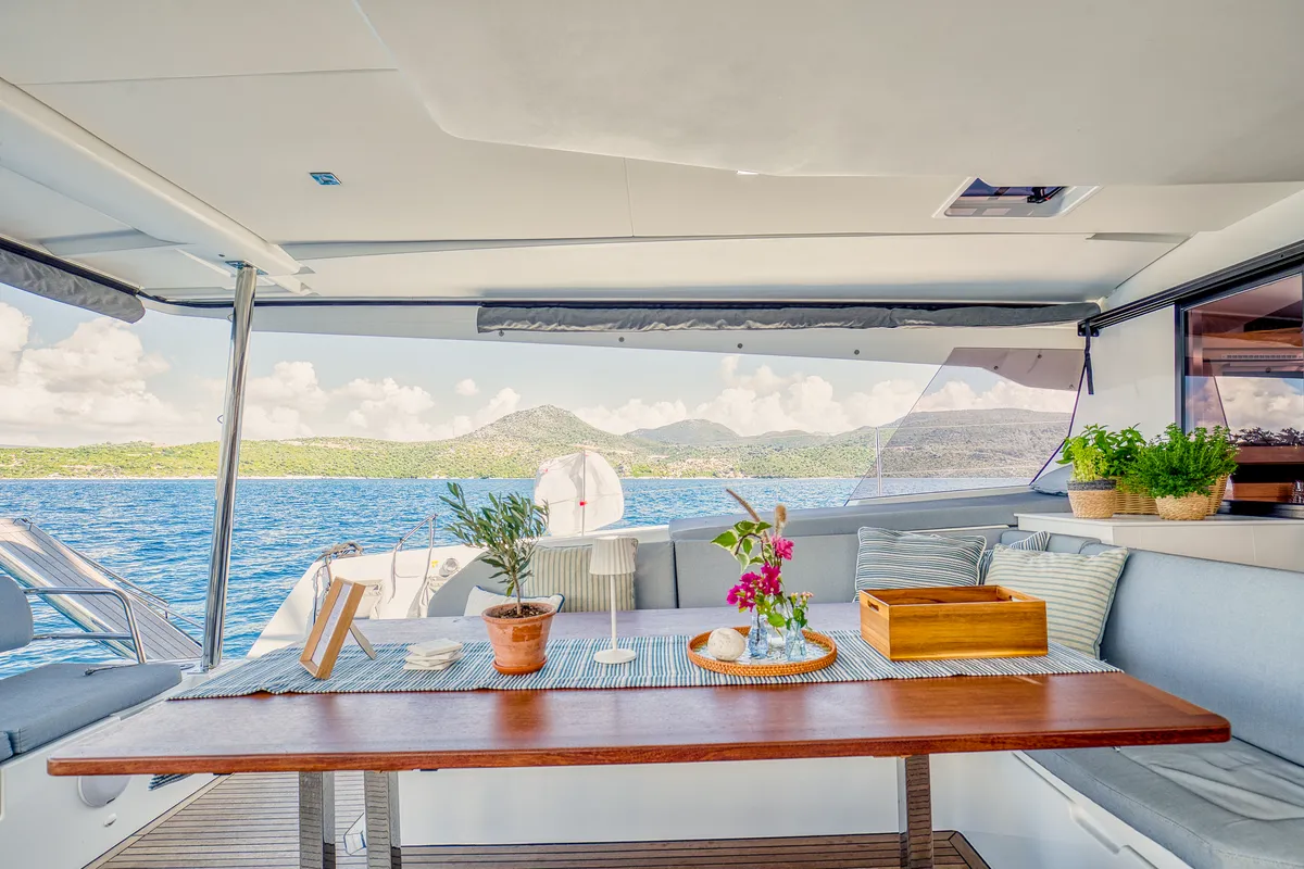 Deck of Dione II, a Fountaine Pajot Aura 51 catamaran at Municipal Unit of Lefkada, Greece