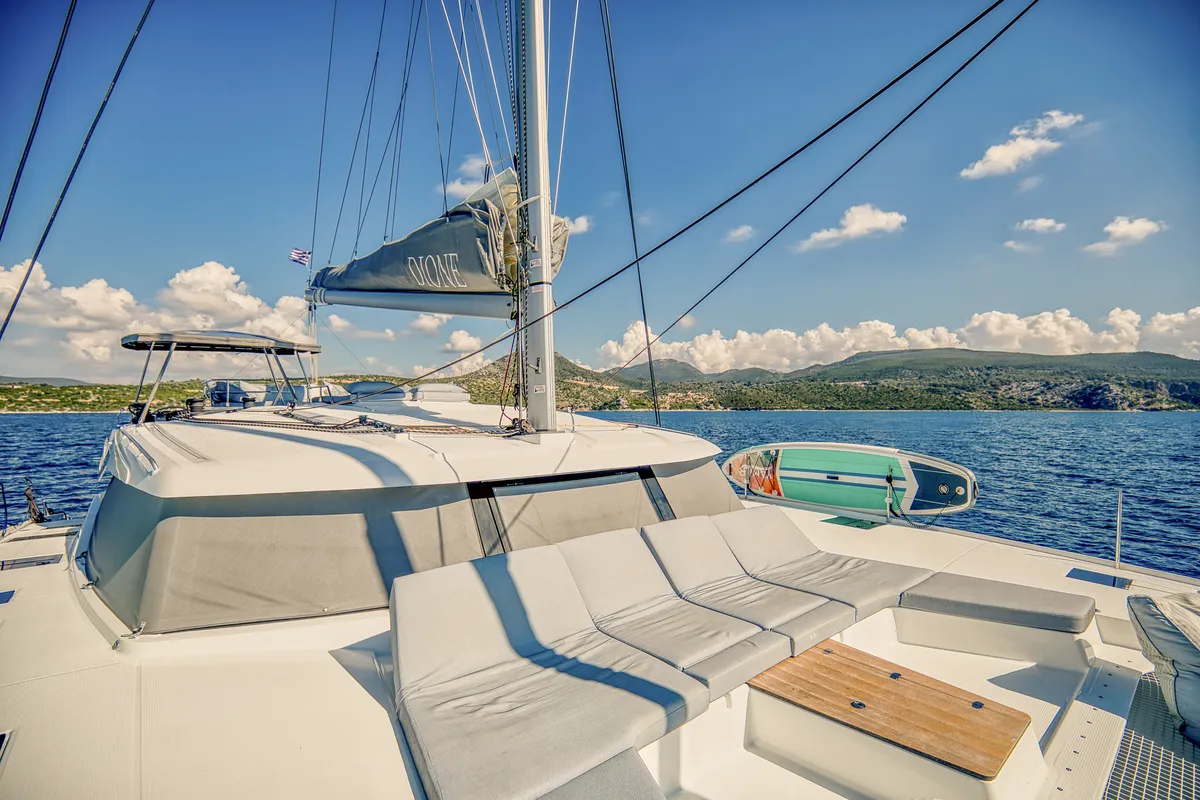 Deck of Dione II, a Fountaine Pajot Aura 51 catamaran at Municipal Unit of Lefkada, Greece
