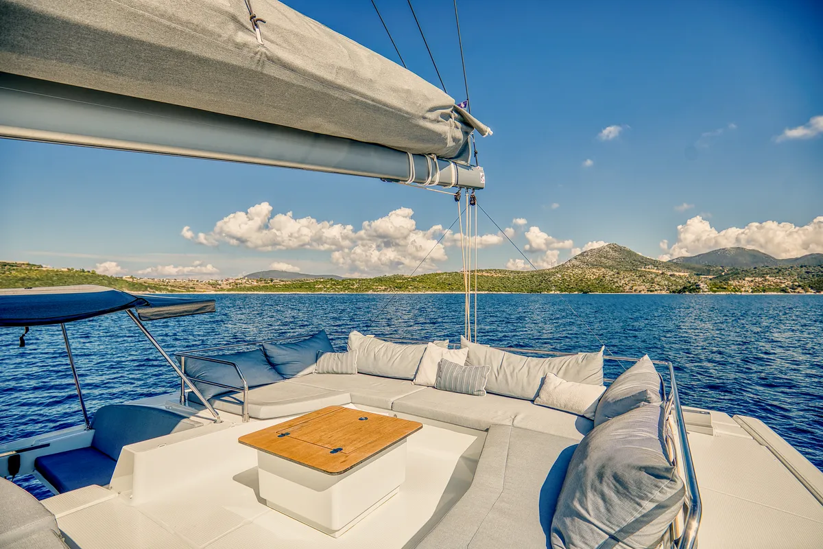 Deck of Dione II, a Fountaine Pajot Aura 51 catamaran at Municipal Unit of Lefkada, Greece