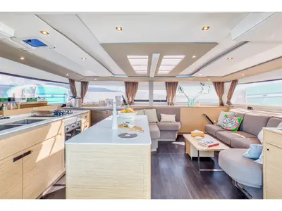 Salon of Dione II, a Fountaine Pajot Aura 51 catamaran at Municipal Unit of Lefkada, Greece