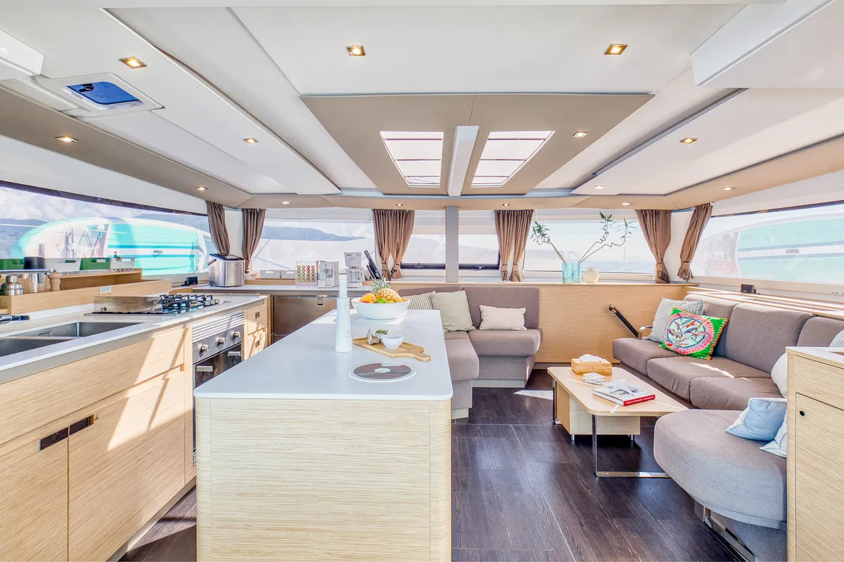 Salon of Dione II, a Fountaine Pajot Aura 51 catamaran at Municipal Unit of Lefkada, Greece